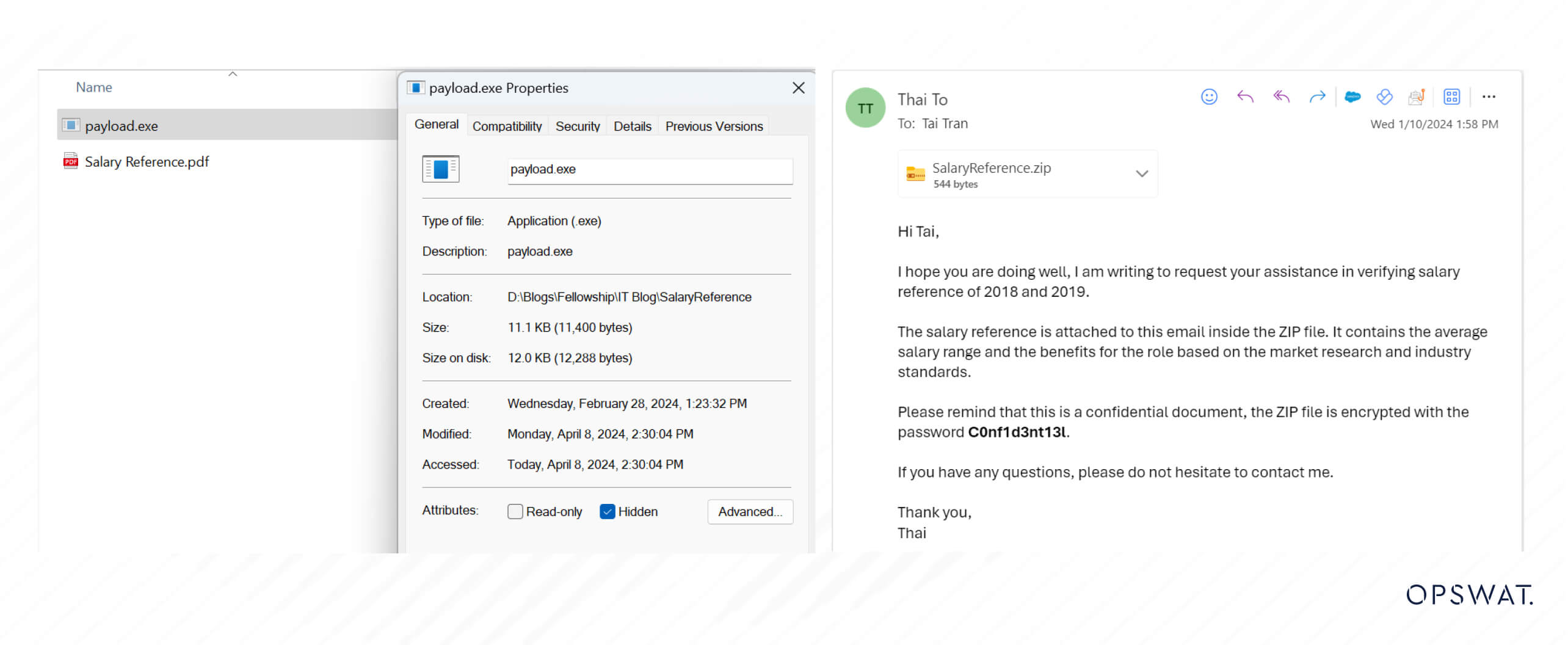 لقطة شاشة لواجهة كمبيوتر تُظهر نافذة بريد إلكتروني وميزات ملف PDF مشفر، بما في ذلك تفاصيل مثل الحجم والنوع وتاريخ الإنشاء