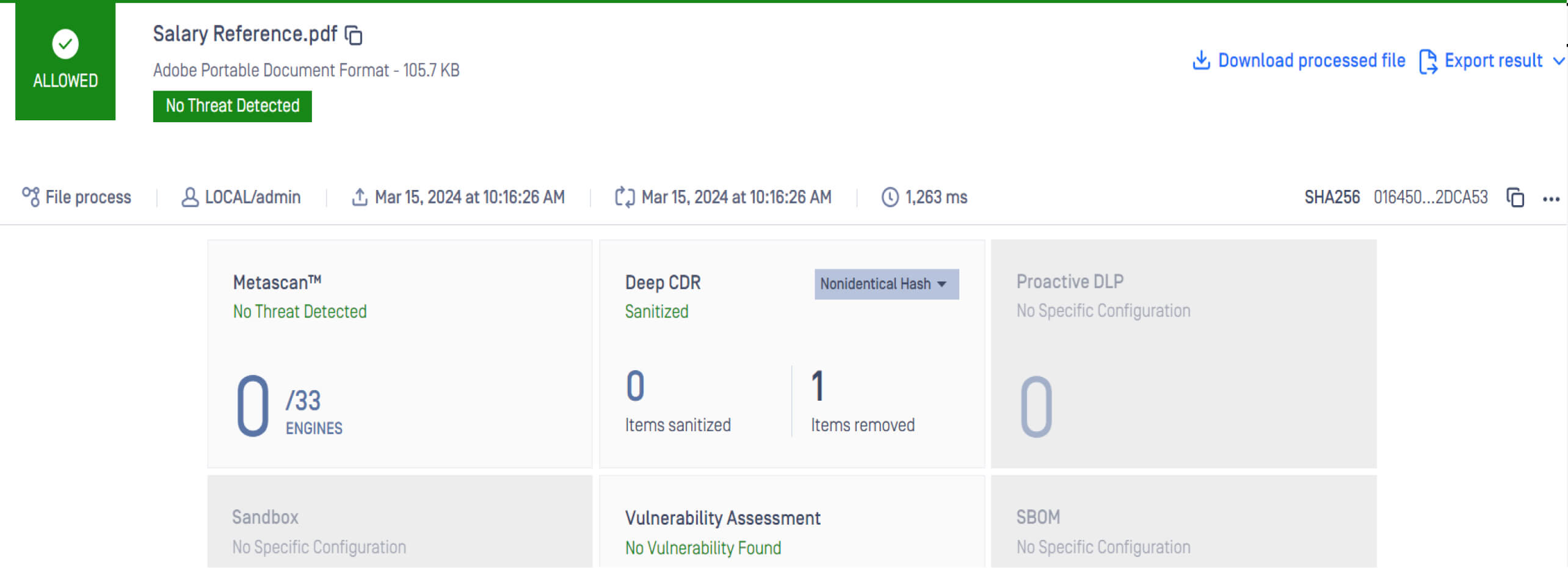 لقطة شاشة للواجهة الأمنية OPSWAT تُظهر نتائج تحليل مستند PDF بعنوان "مرجع الراتب. pdf"، مع إبراز عدم اكتشاف أي تهديدات تم اكتشافها، وتم تعقيم عنصر واحد، ولم يتم العثور على أي ثغرات