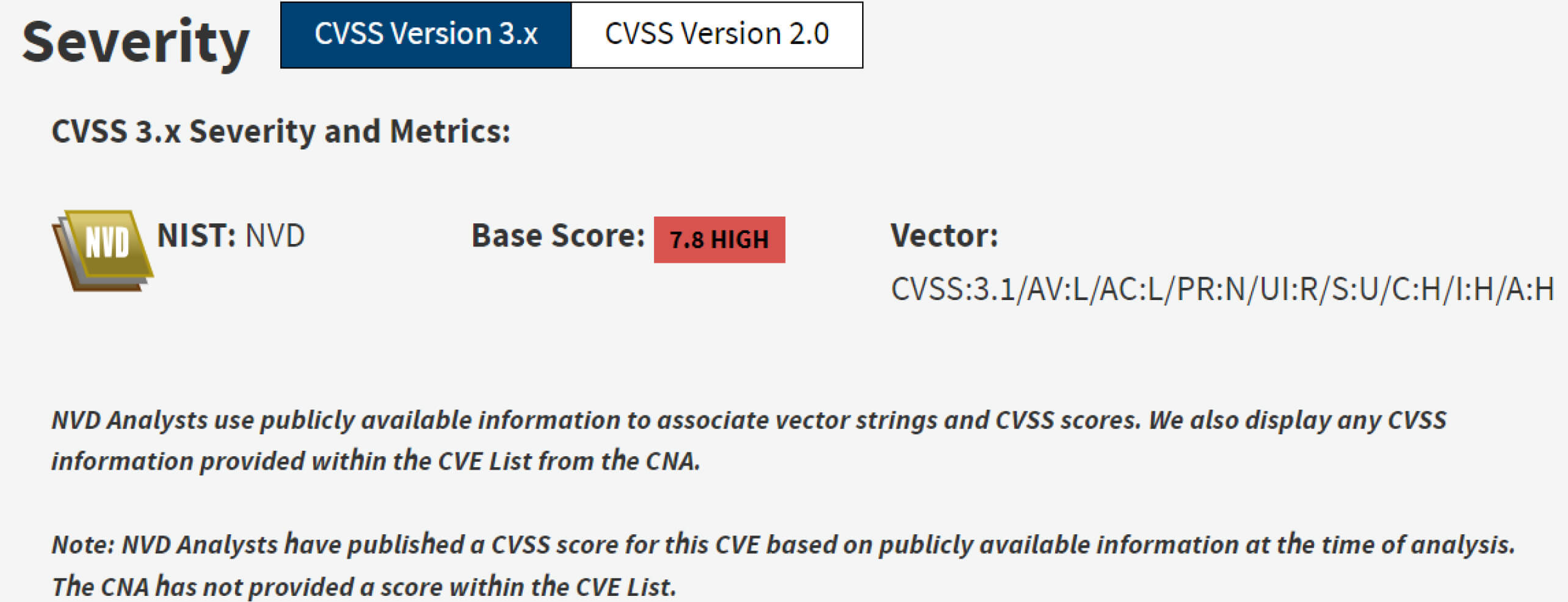 لقطة شاشة تُظهر جدول مقاييس وشدة الثغرات الأمنية CVSS (نظام تسجيل الثغرات الأمنية المشترك) مع درجة أساسية عالية تبلغ 7.8 للثغرة الأمنية، مصدرها قاعدة البيانات الوطنية للثغرات الأمنية (NVD) التابعة للمعهد الوطني للمعايير والتكنولوجيا والابتكار