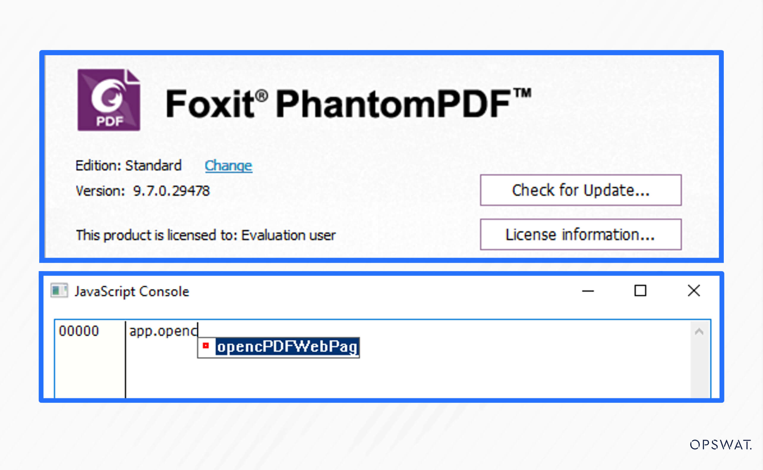 لقطة شاشة تعرض واجهة Foxit PhantomPDF، التي تتميز بأشرطة أدوات لمعلومات الترخيص والتحديثات، مع فتح وحدة تحكم JavaScript لتنفيذ أمر
