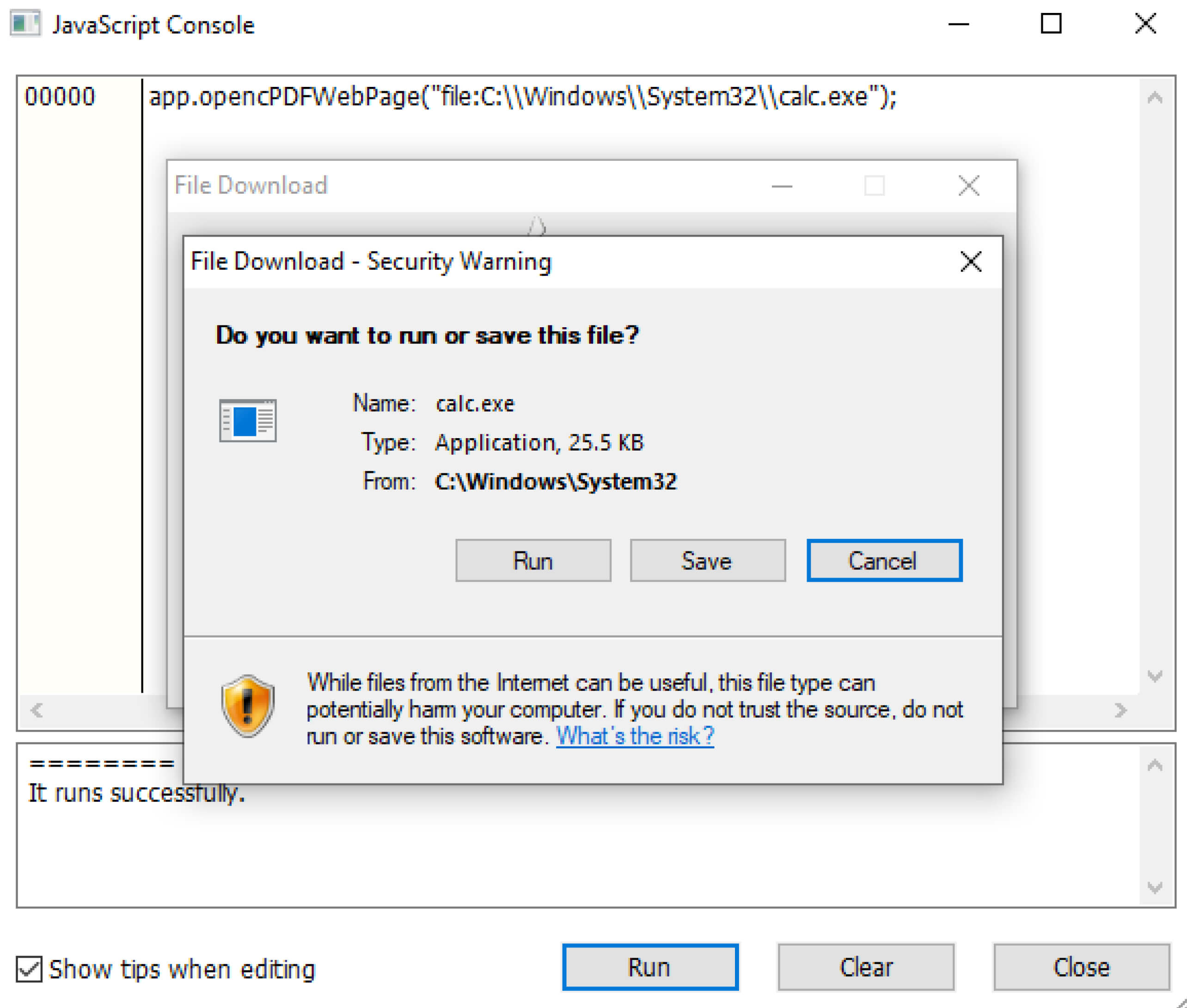 لقطة شاشة لوحدة تحكم جافا سكريبت تقوم بتنفيذ أمر لفتح مسار ملف، مما يؤدي إلى إطلاق تحذير أمني حول تشغيل أو حفظ 'calc.exe'، وهو تطبيق شائع للآلة الحاسبة في ويندوز