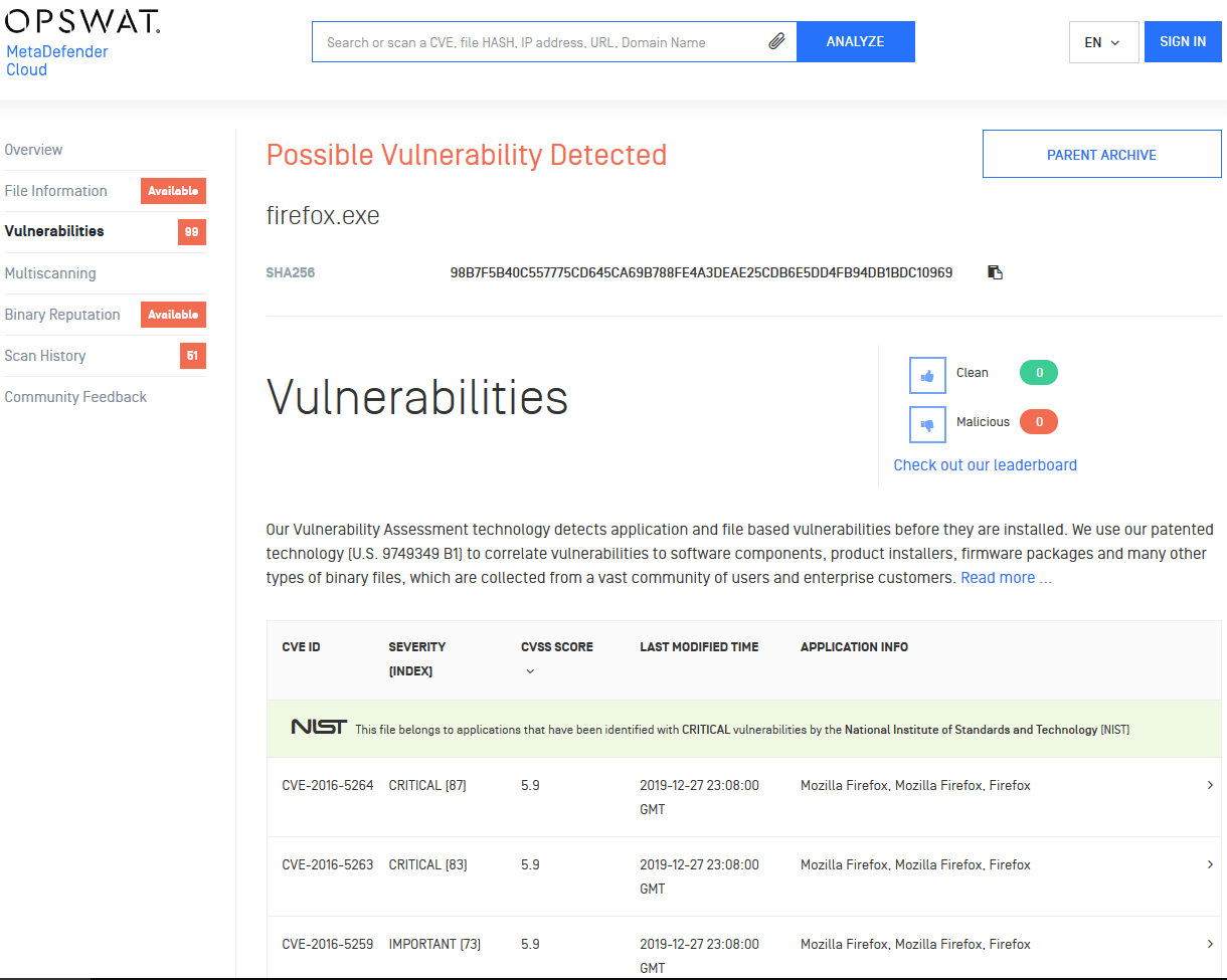 Screenshot of OPSWAT MetaDefender cloud vulnerability assessment dashboard
