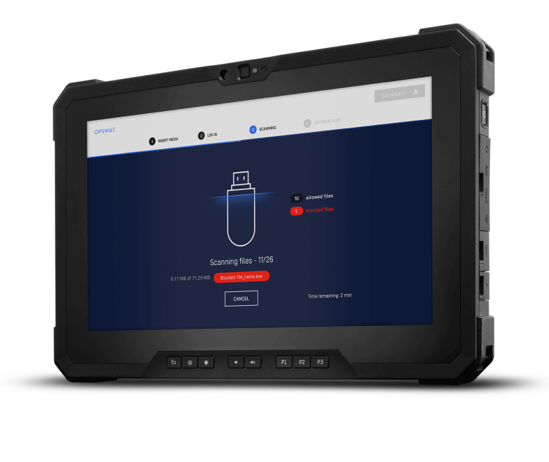 OPSWAT's Mobile Kiosk a 26-ból 11 fájl átvizsgálása közben, ahol 10 fájl engedélyezett és 1 fájl blokkolva van.