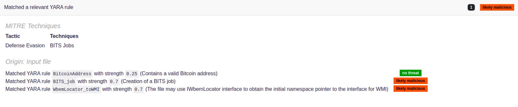 一致したYARAルールのセキュリティレポートが表示され、防御回避やマルウェア検出の可能性を示す画面。