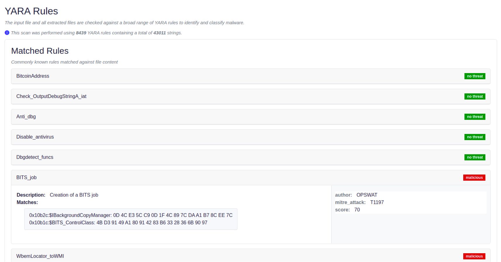 によって悪意があると示された特定のルールを持つファイルに対してマッチしたYARAルールを示すセキュリティ分析結果。OPSWAT