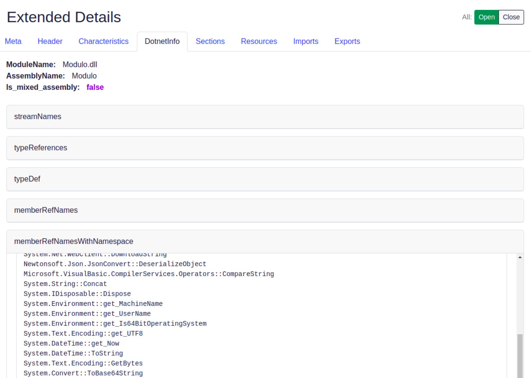 メタデータ、メソッド参照、名前空間が一覧表示され、.dllモジュールの拡張詳細を表示するソフトウェア分析インターフェース