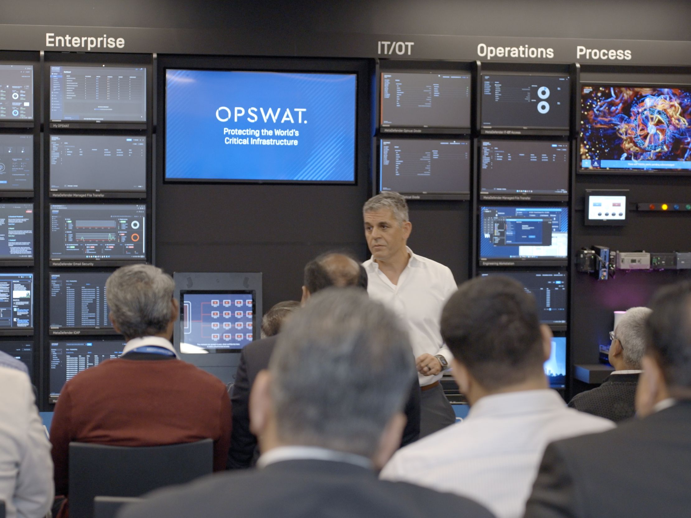 بيني كزارني، الرئيس التنفيذي والمؤسس OPSWAT يخاطب مجموعة من الحضور في مختبرات الأمن السيبراني OPSWAT ، مع لوحات معلومات تفاعلية تعرض حلول حماية البنية التحتية الحيوية في الخلفية