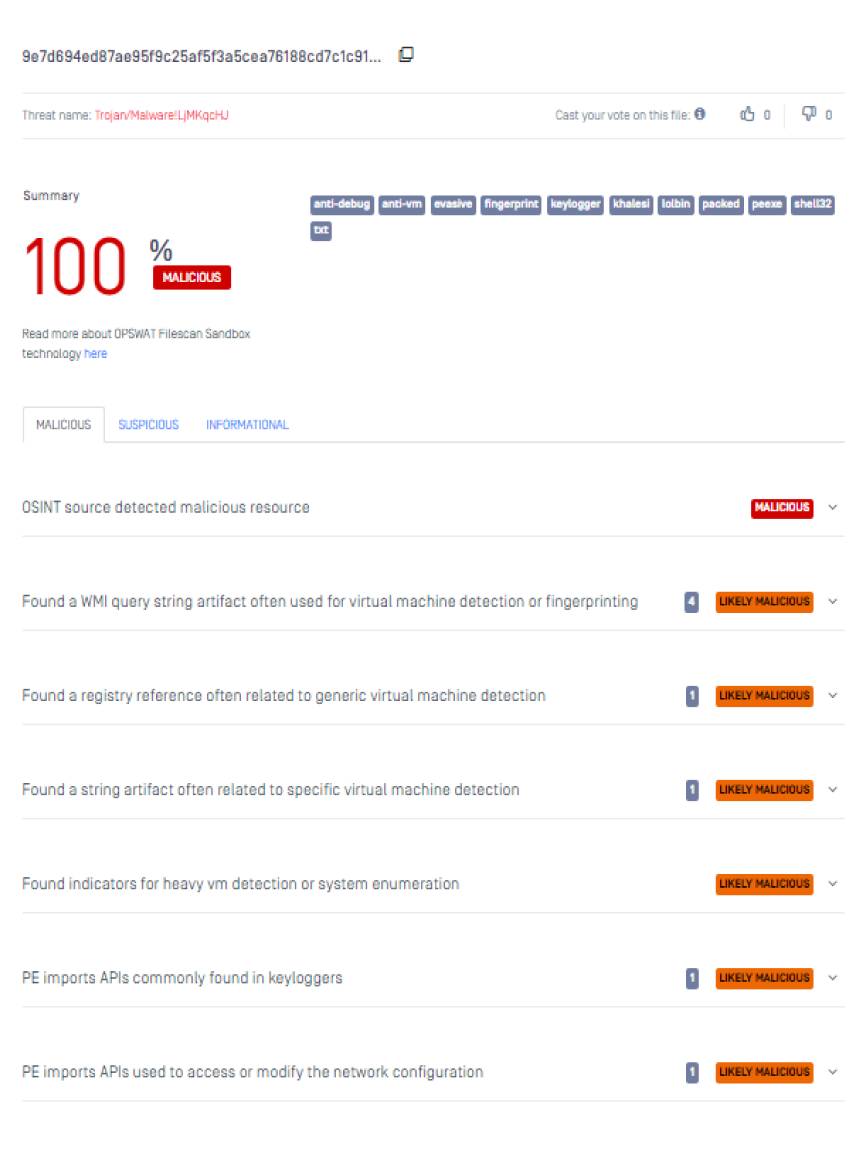 Vue détaillée des résultats de l'analyse des menaces à partir de l'analyse d'un fichier, mettant en évidence les indicateurs malveillants et leur gravité.