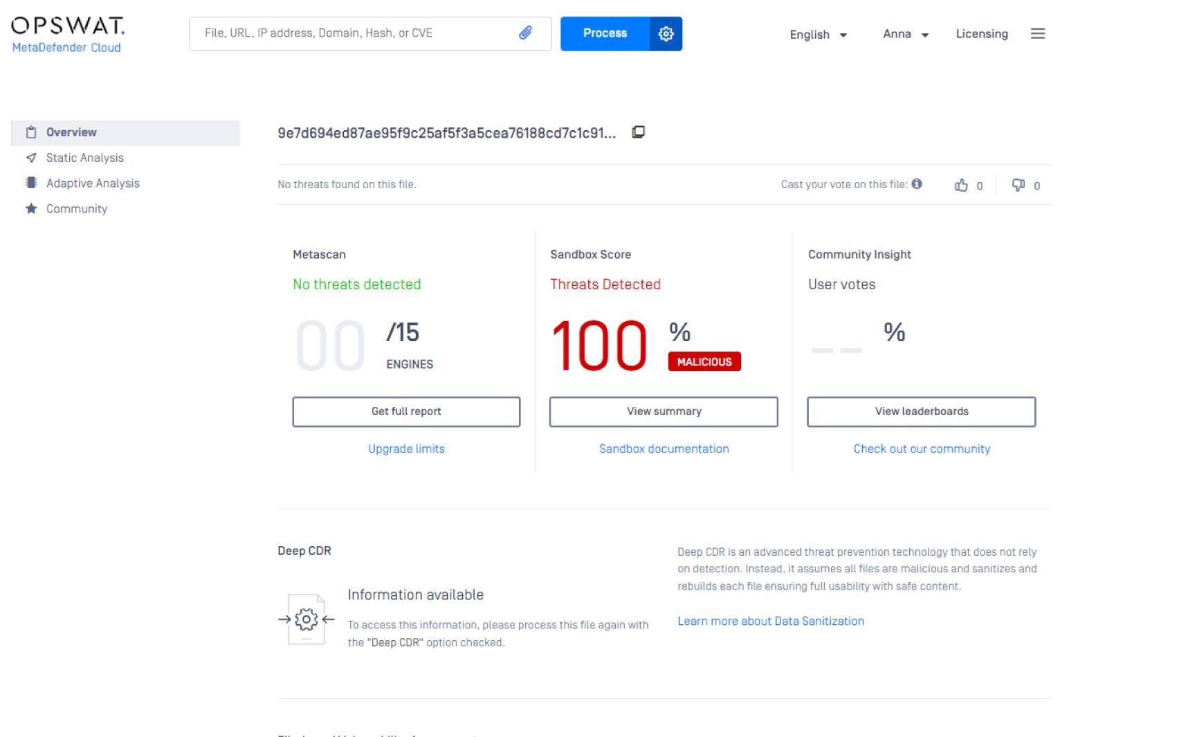 Capture d'écran de MetaDefender Cloud, affichant les détails de l'analyse des fichiers, la détection des menaces dans le bac à sable et les options pour une reconstruction plus approfondie du contenu.