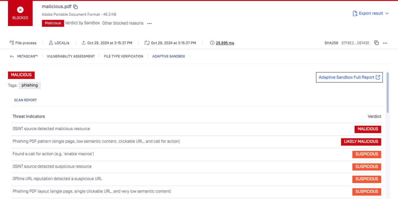 Vue détaillée de l'analyse du bac à sable adaptatif, mettant en évidence les indicateurs malveillants et leur gravité