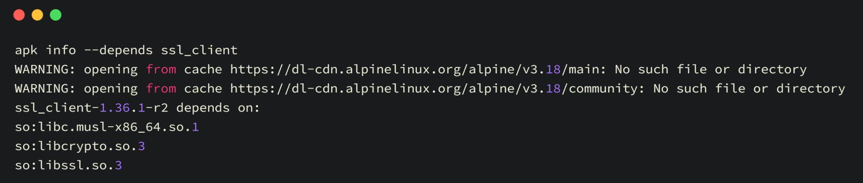Đầu ra thiết bị đầu cuối hiển thị thông tin phụ thuộc cho gói ssl_client trên Alpine Linux