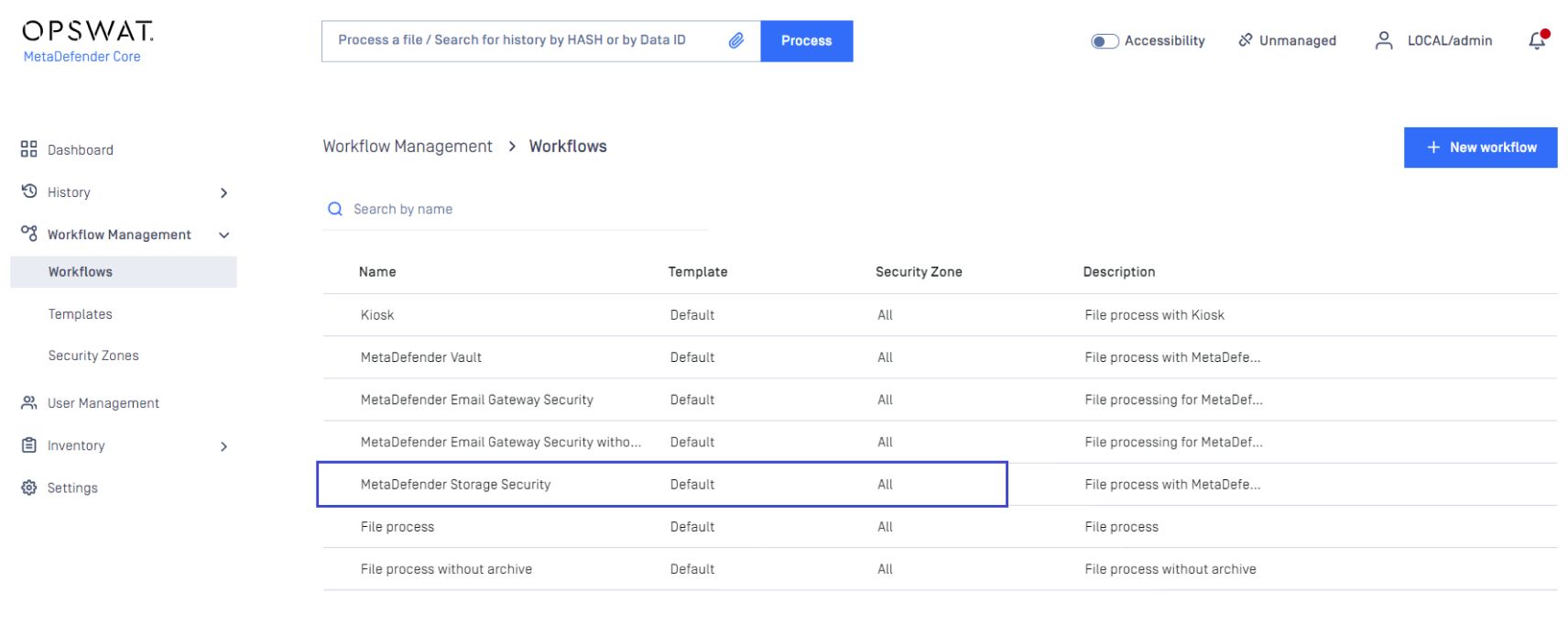 OPSWAT MetaDefender Core interface showing the Workflow Management screen
