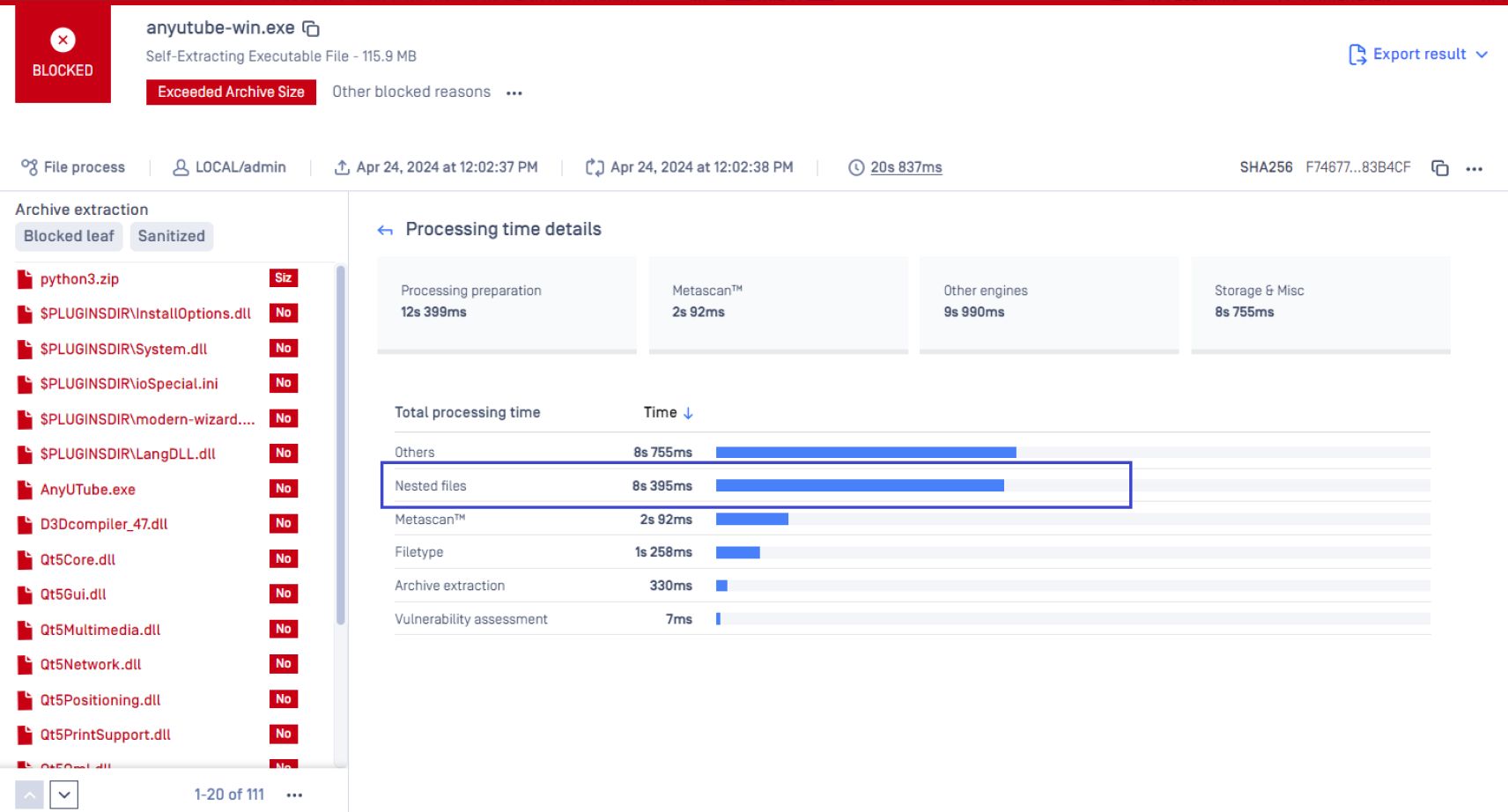 OPSWAT MetaDefender analysis results showing blocked self-extracting executable file with detailed processing time details