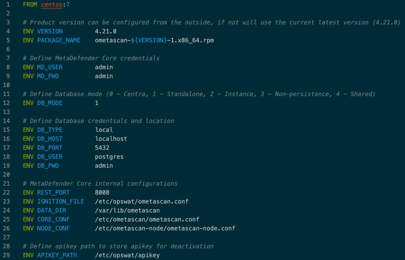 لقطة شاشة للتعليمات البرمجية المتعلقة بأتمتة الأمن السيبراني في metadefender core container