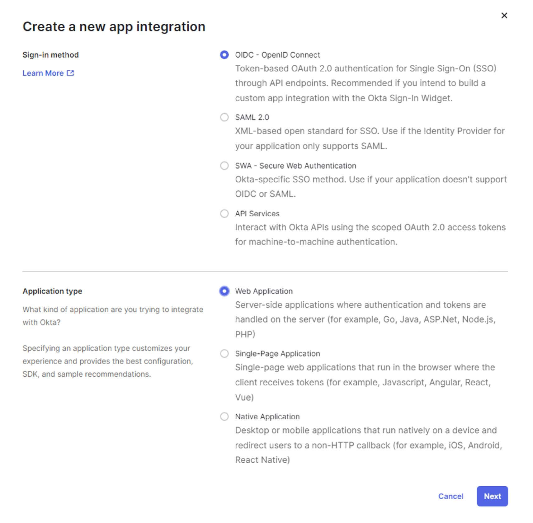 Dialog window for creating a new app integration in an IT system, showing sign-in method options such as OIDC, SAML 2.0, SWA, and API Services, and application types