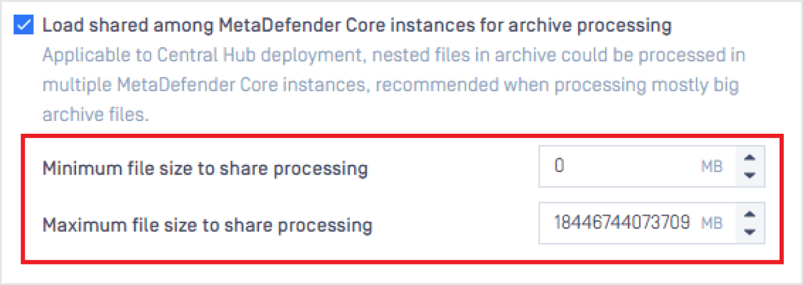 kép a MetaDefender core load sharing minimális és maximális fájlméret beállításairól