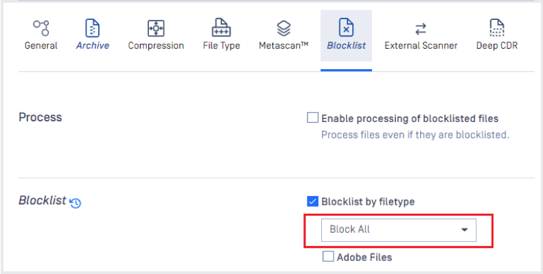 a MetaDefender blokklista képe fájltípus-beállítások szerint
