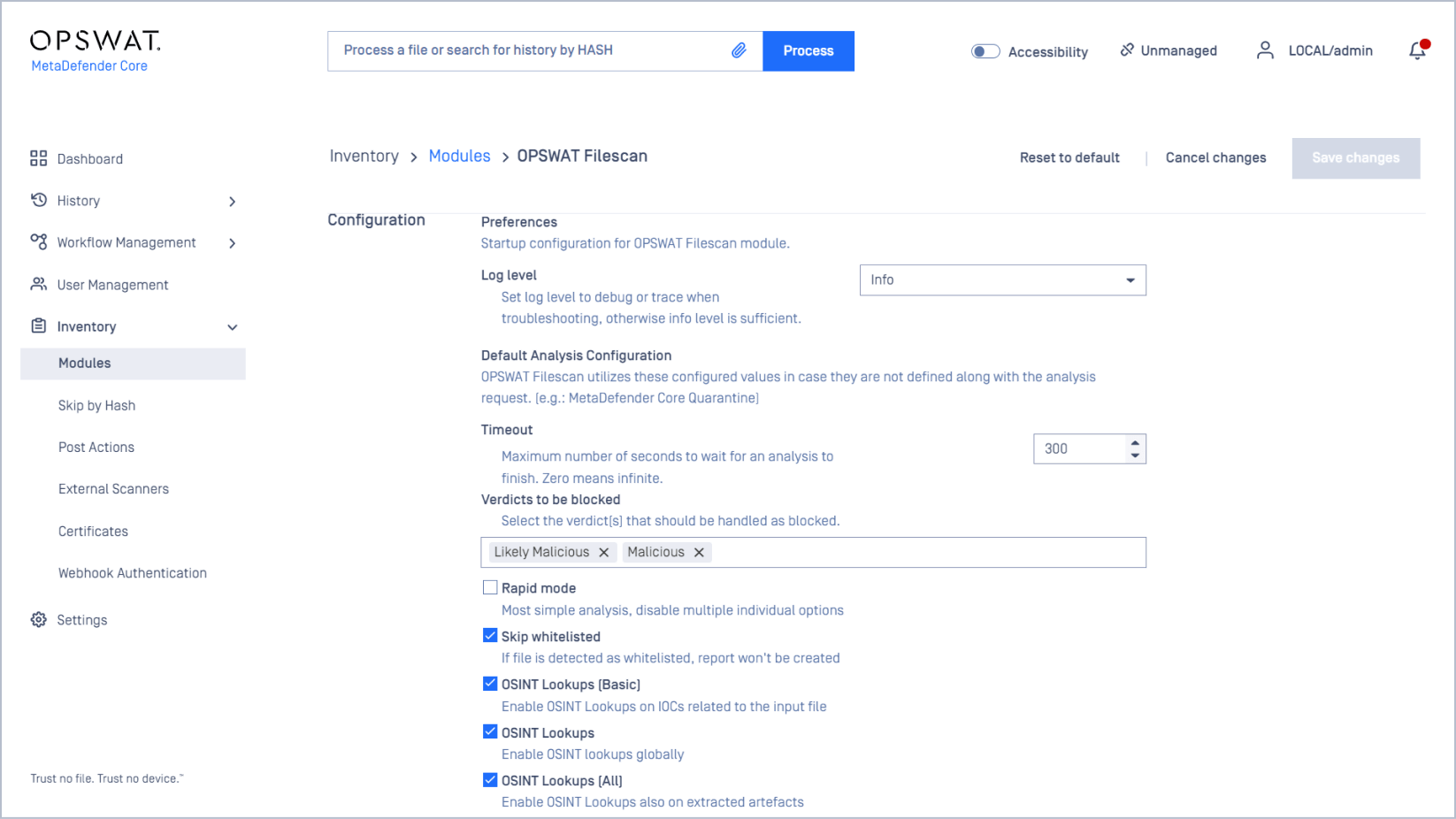 Pillanatkép a MetaDefender opswat  Filescan  modul globális konfigurációs beállításairól  modul globális konfigurációs beállításairól