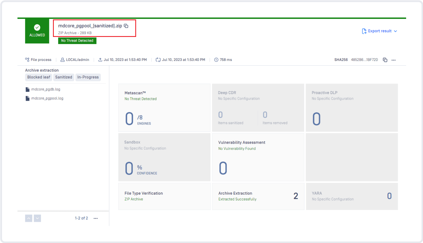 screenshot processing result ui screen demonstrating allowed .zip file