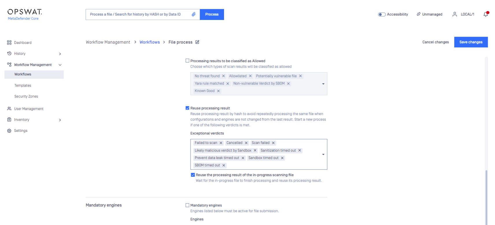 screenshot of OPSWAT MetaDefender Core's workflow management settings page, detailing file process options and mandatory engine configurations