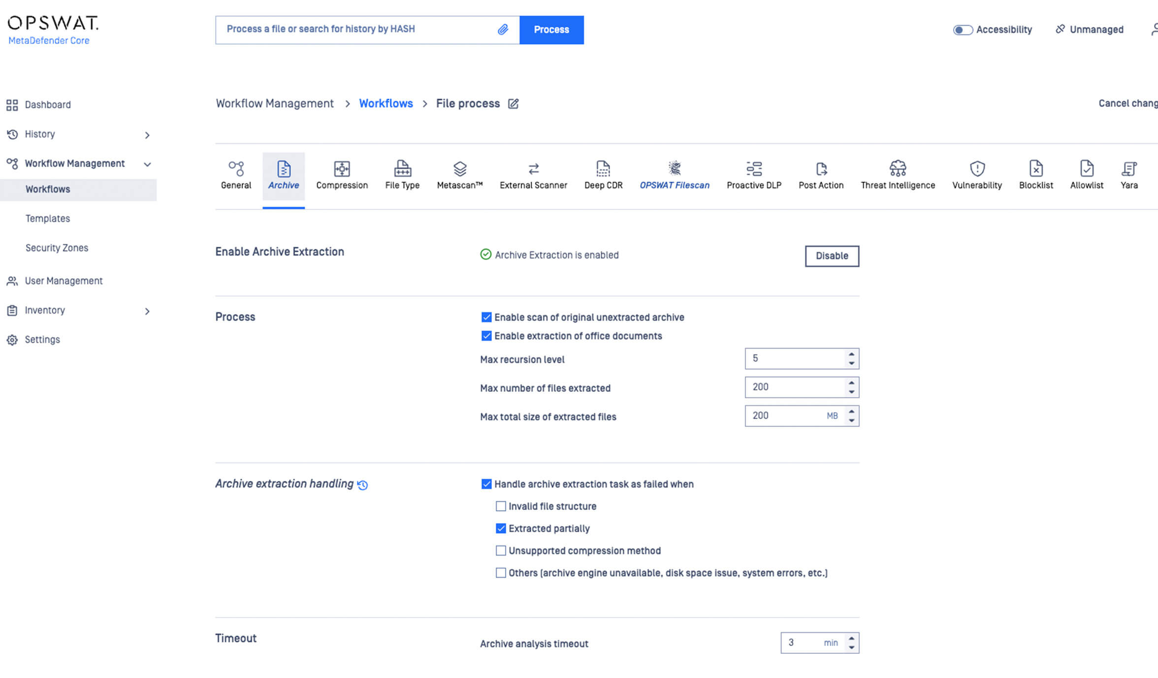 Bildschirmfoto metadefender core workflow management dashboard