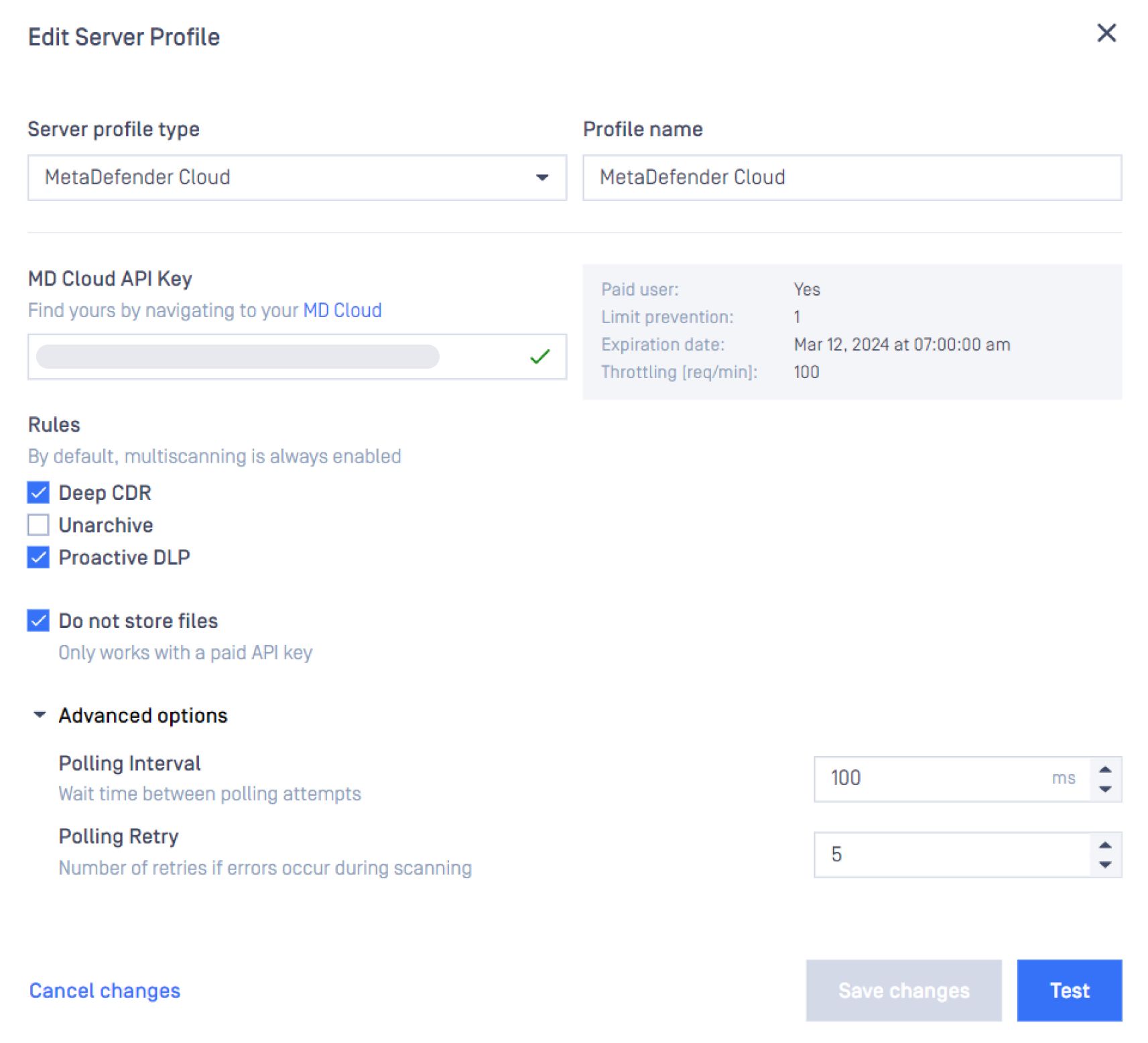 用於編輯伺服器配置檔的設置介面 MetaDefender Cloud 具有Deep CDR(檔案無毒化)、DLP 和 API 金鑰配置