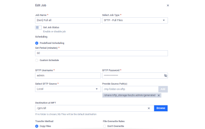 Schermata dell'interfaccia di configurazione di un lavoro SFTP con i campi per il nome del lavoro, il tipo, la pianificazione e le impostazioni di trasferimento dei file.
