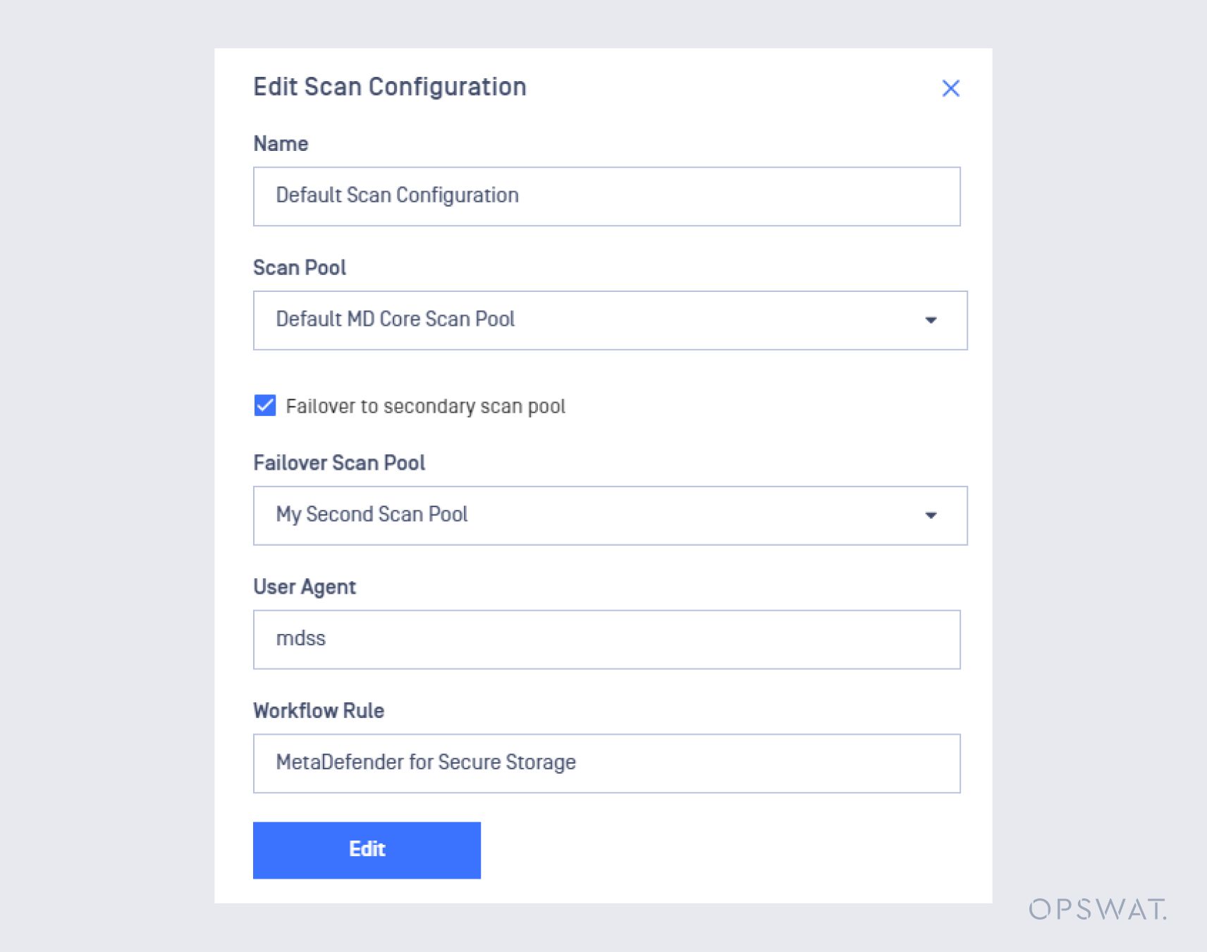 configuration menu for editing a scan setup with options for scan pool, failover settings, user agent, and workflow rules