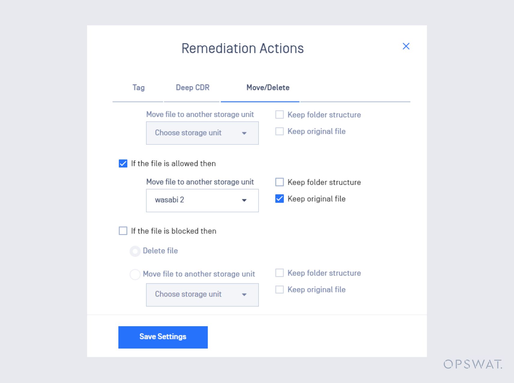 settings dialog box for configuring remediation actions based on file security scanning results, with options to move or delete files