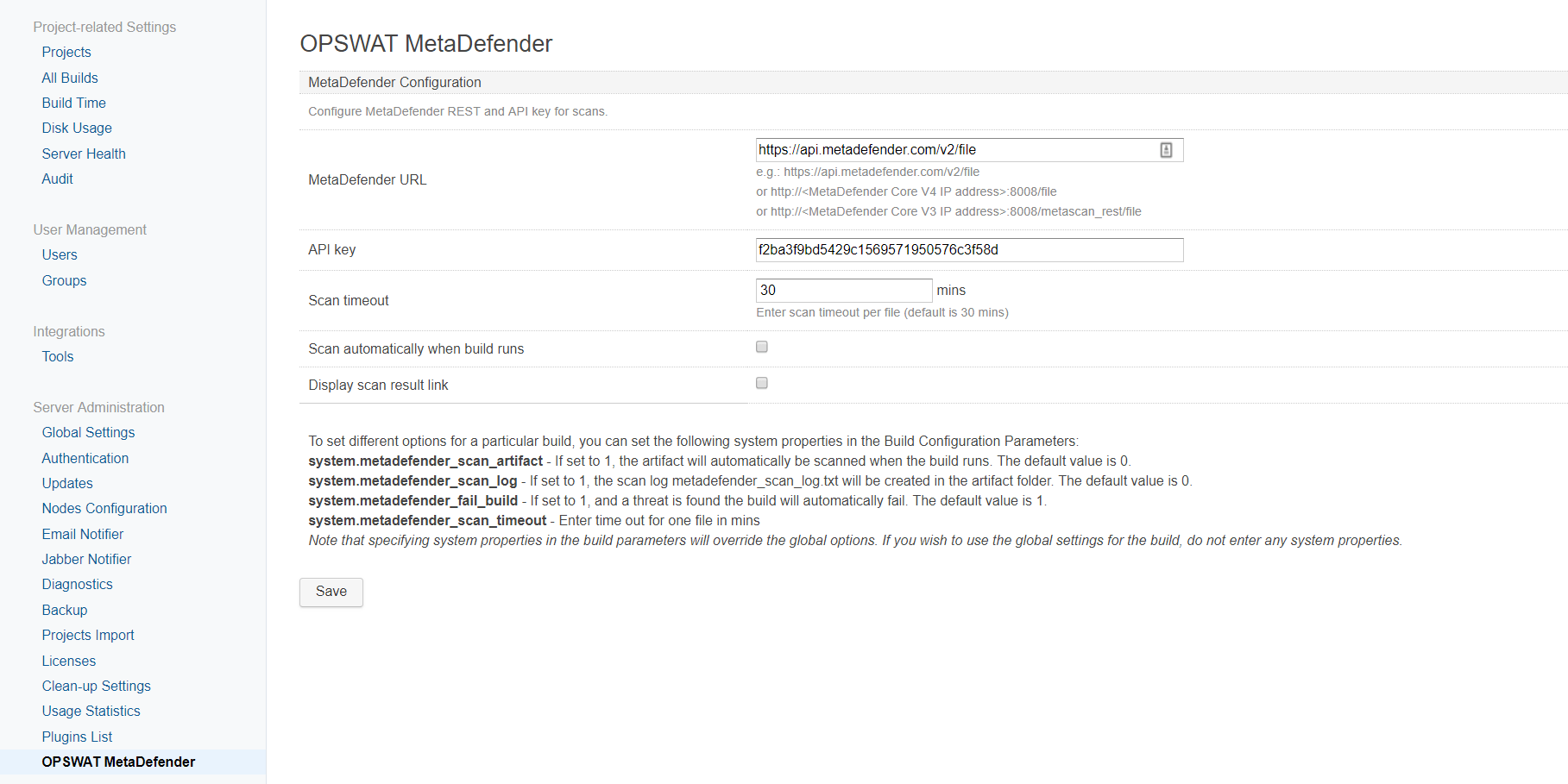 Ảnh chụp màn hình opswat metadefender Cài đặt cấu hình