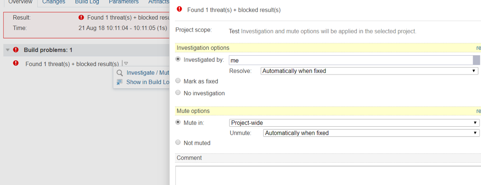 Ảnh chụp màn hình tìm thấy 1 (các) mối đe dọa + (các) tùy chọn điều tra kết quả bị chặn