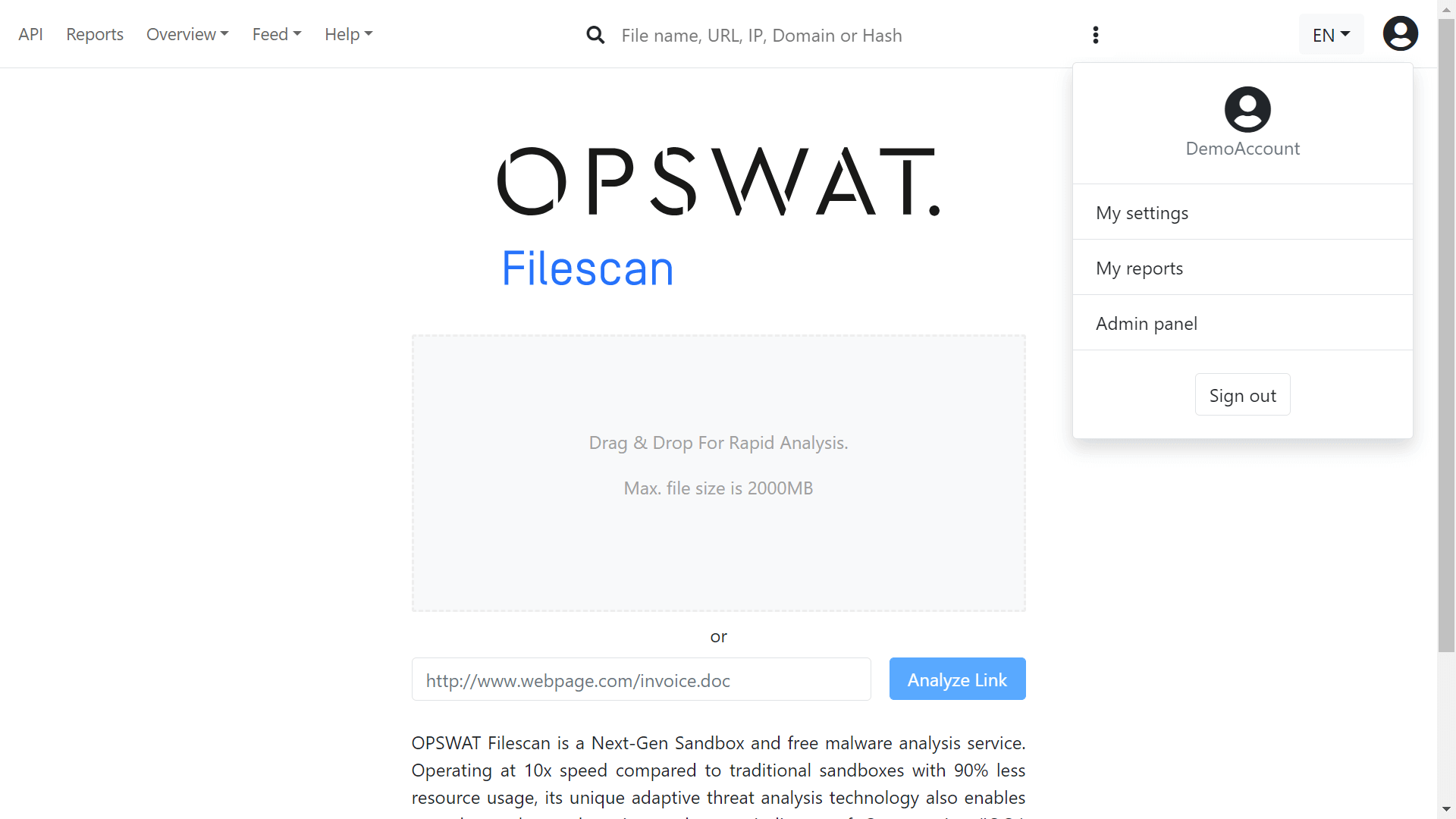 OPSWAT filescan.io 管理員登入的截圖