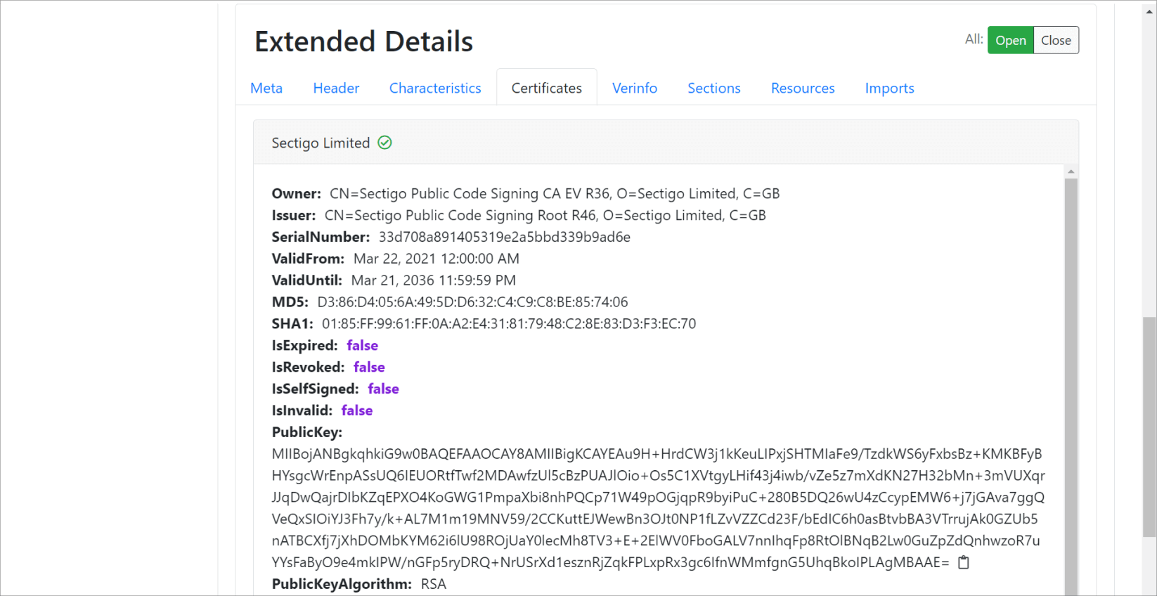 opswat filescan 擴展詳細資料證書截圖