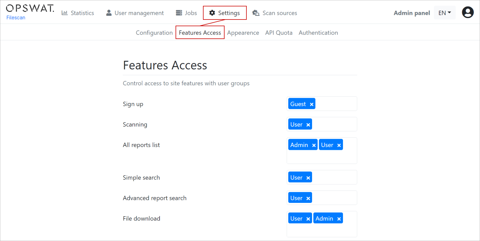 opswat filescan 設定功能存取頁截圖