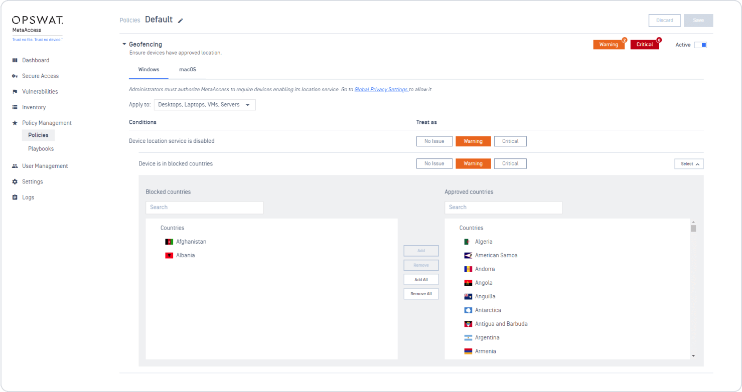 képernyőkép metaaccess policy management műszerfal a geofencing ellenőrzéséhez