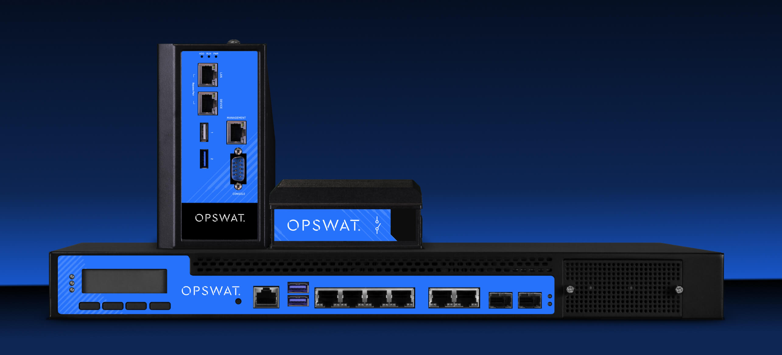 OPSWAT's MetaDefender Industrial Firewall products shown in three form factors