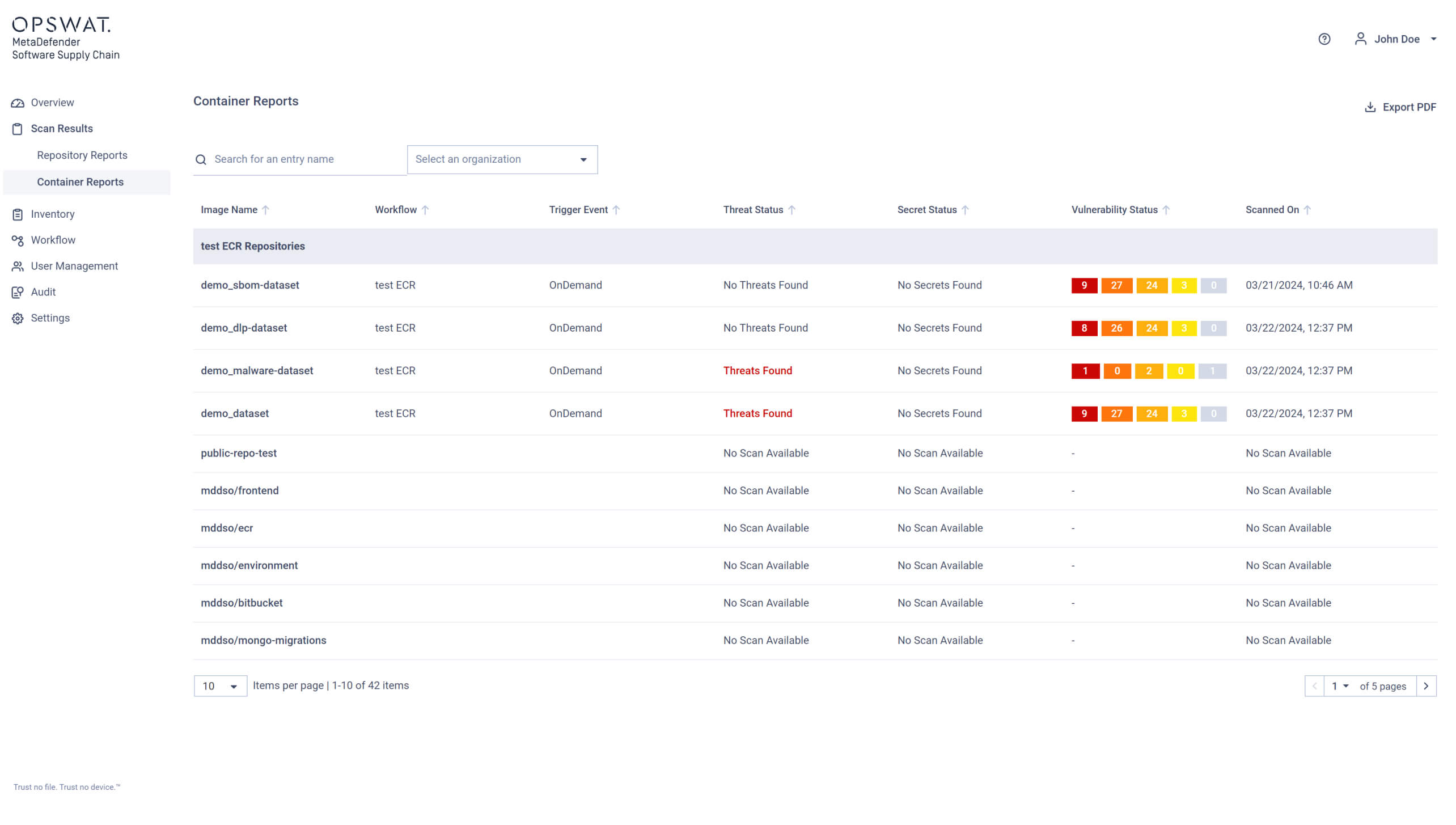 screenshot of OPSWAT's MetaDefender Software Supply Chain interface showing Container Reports