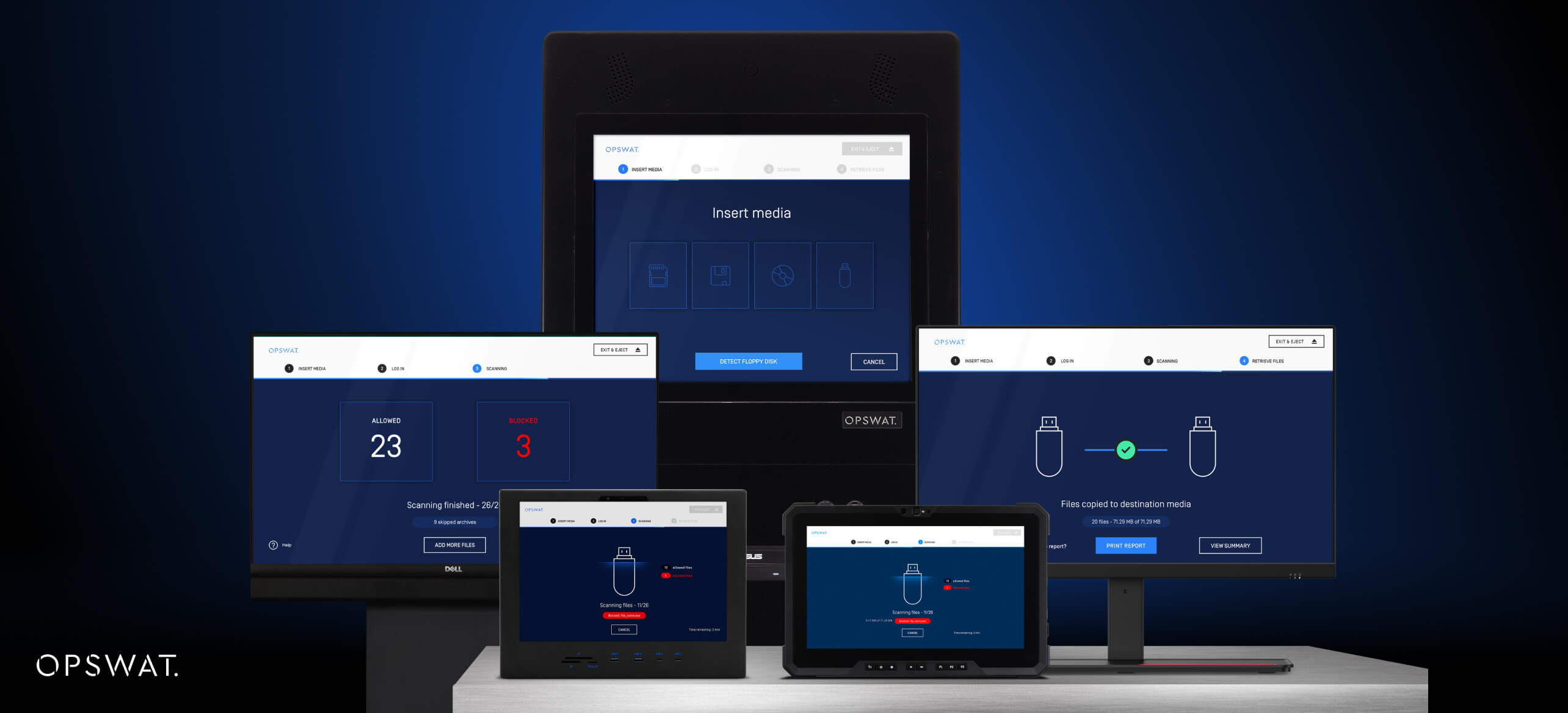 mehrere OPSWAT Sicherheitsgeräte, die den Status der Dateiprüfung, Warnmeldungen und Bildschirme zum Einlegen von Medien anzeigen