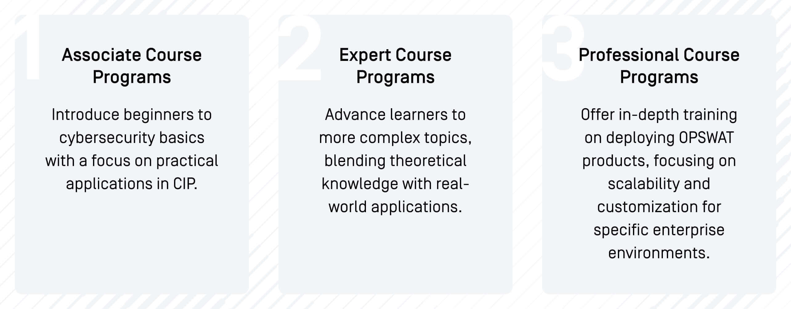 OPSWAT des cours de cybersécurité répartis entre les niveaux "associé", "expert" et "professionnel", axés sur une formation pratique, avancée et spécifique à l'entreprise