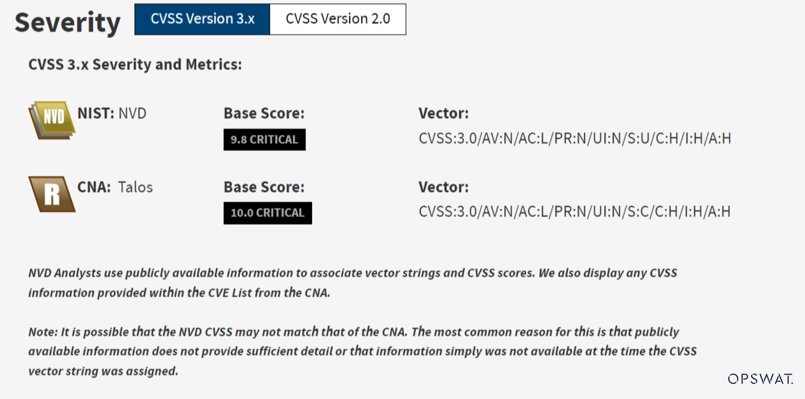 Schweregrade für eine Cybersicherheitslücke CVE-2017-14469 mit detaillierten CVSS-Scores von NIST NVD und Talos mit kritischen Basis-Scores