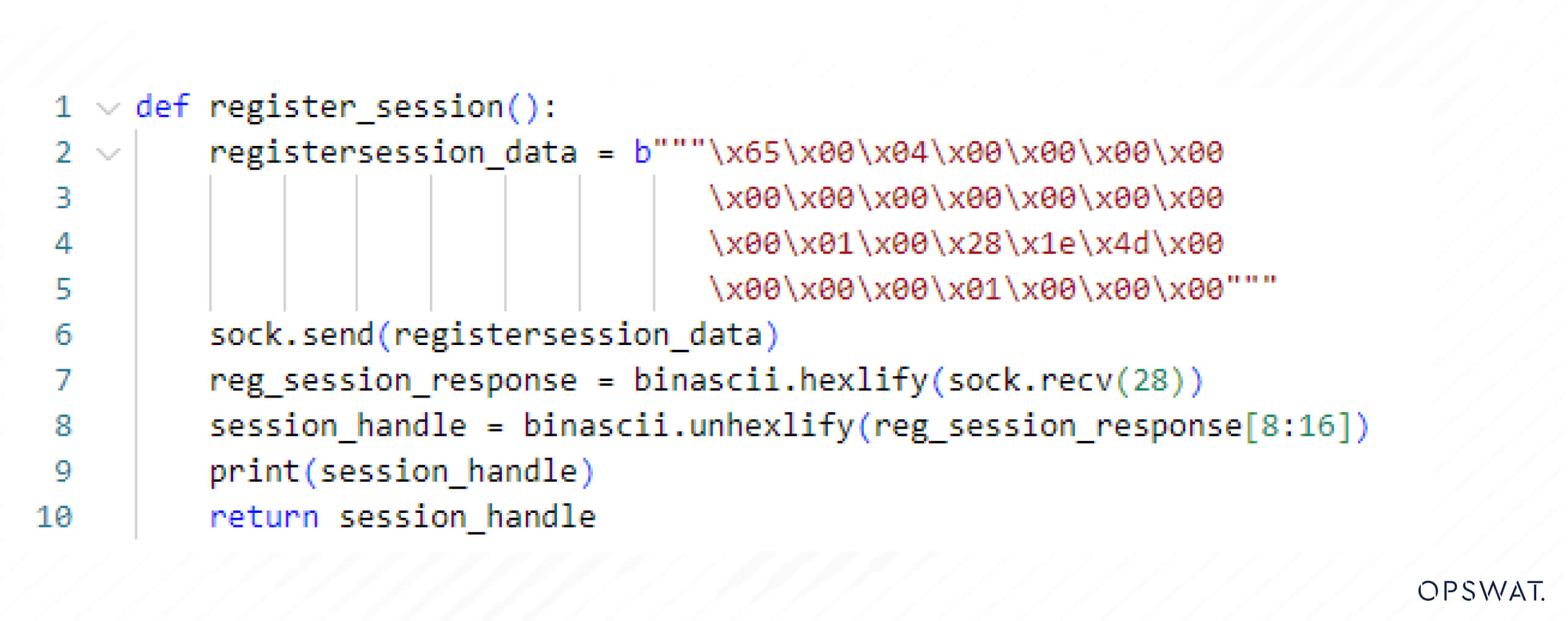 Python-Funktion zum Registrieren einer Sitzung mit rohen Byte-Daten, Senden über einen Socket und Dekodieren der Sitzungs-Handle-Antwort