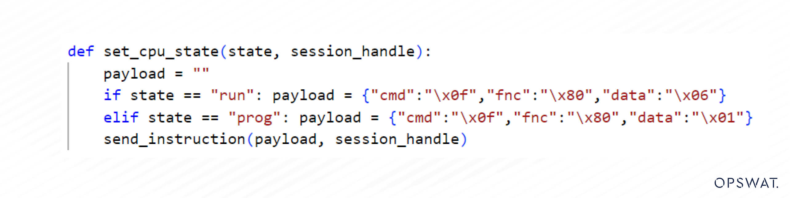 Python-Funktion, die den CPU-Zustand eines Geräts durch Senden spezifischer Befehls-Nutzdaten entweder in den Lauf- oder den Programm-Modus versetzt