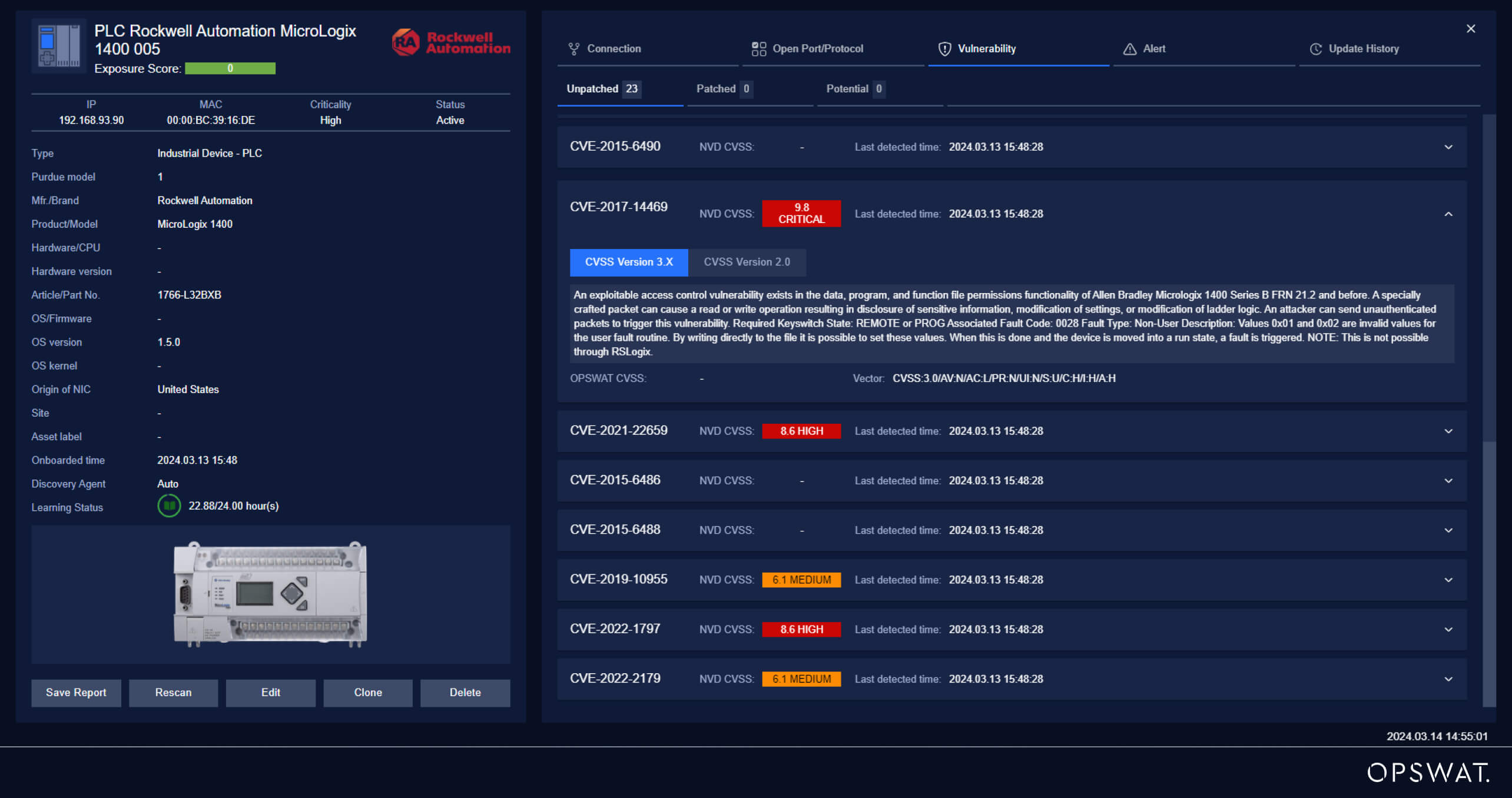 Dashboard mit einer detaillierten Schwachstellenbewertung für ein Rockwell Automation MicroLogix 1400 PLC-Gerät, einschließlich CVE-Listen und CVSS-Scores