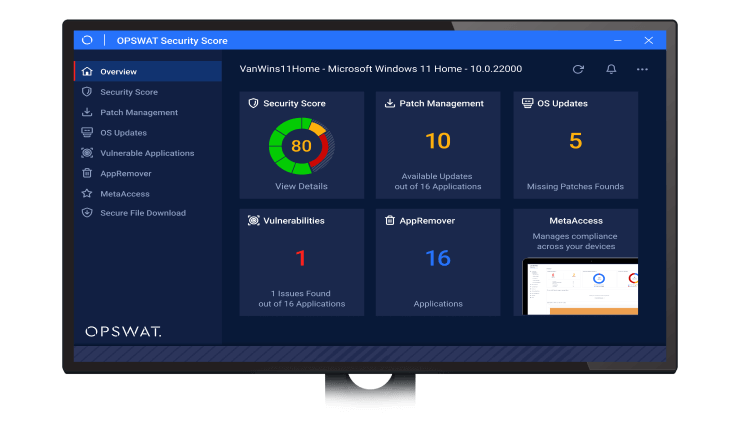 screenshot opswat security score dashboard overview showing example security recommendations