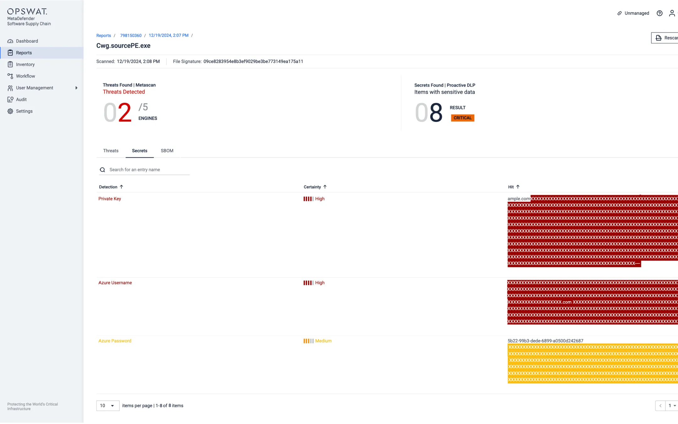 Rapport sur la détection des secrets révélant que des données sensibles ont été exposées à l'aide d'un logiciel de sécurité de la chaîne d'approvisionnement