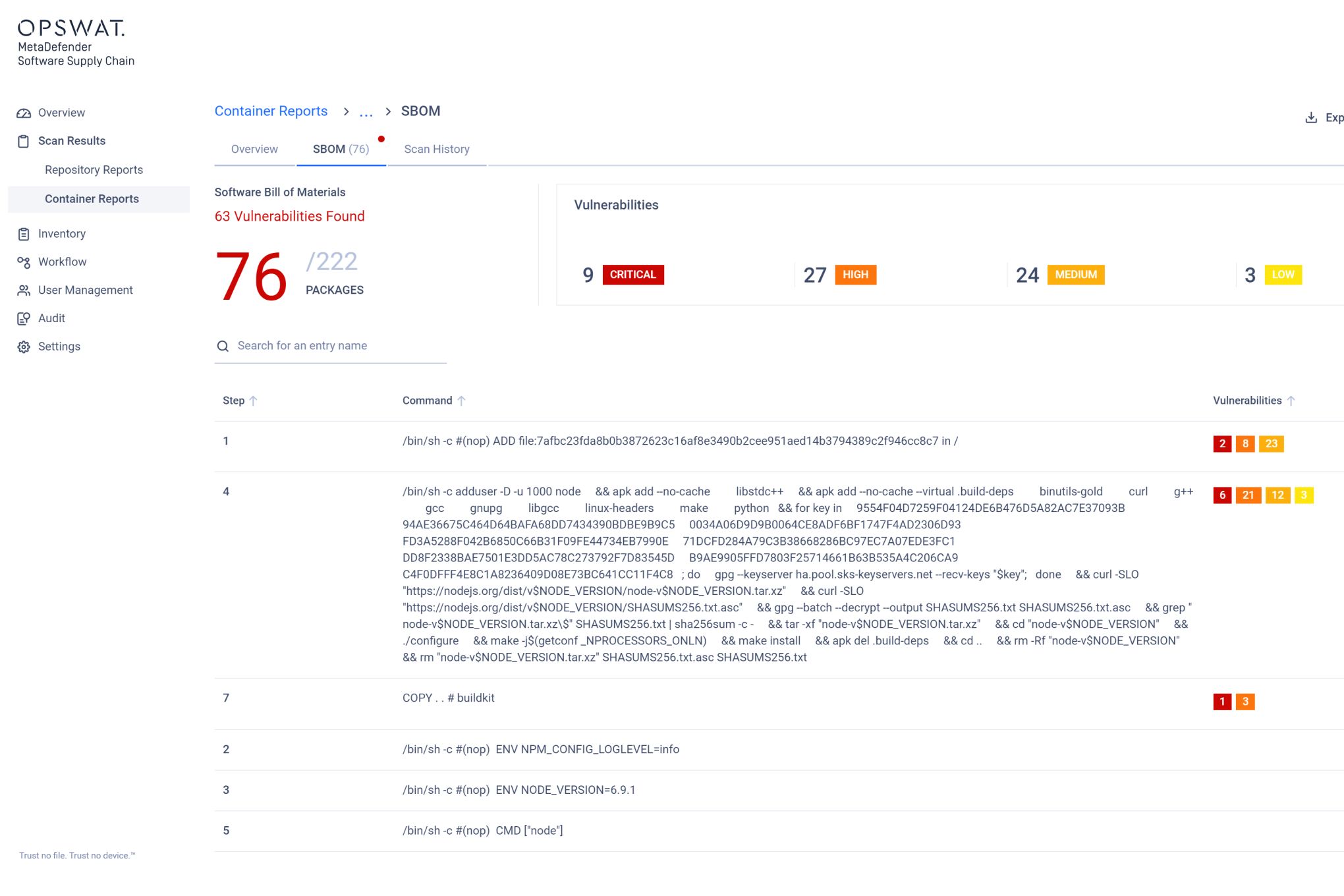 MetaDefender Software Supply Chain interface showing Container Reports SBOM