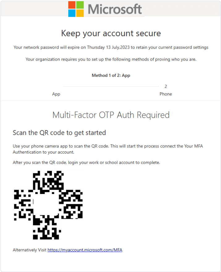 example from microsoft that prompts user to scan qr code for multi-factor otp auth requirement